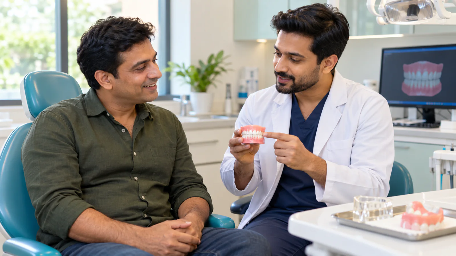 Complete dentures being fitted at a dental clinic